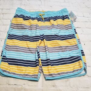 Cat & Jack Vibrant Striped Kids Boy Board Shorts - Blue, Yellow, Gray